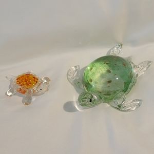 Lenox Art Glass Set of Sea Turtle Paperweight and Baby Turtle Figurine